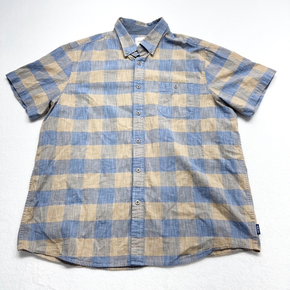 ROWM Plaid Button Down Mens Size XL Blue Tan Check‎ Short Sleeve Cotton Shirt